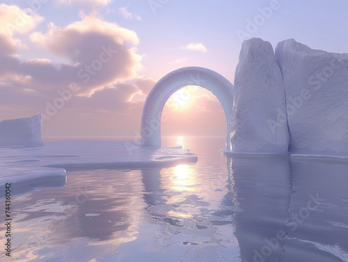 3d render of a portal standing at the edge of a simple reflective ice field under the twilight