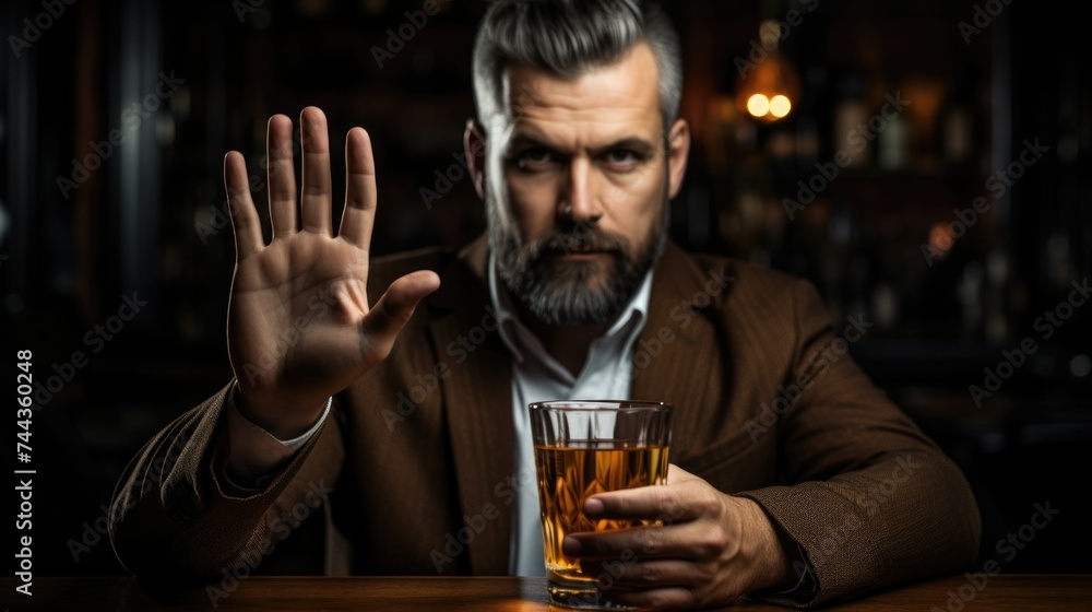 Determined Man with Beard Gesturing Stop Sign While Holding Whiskey Glass