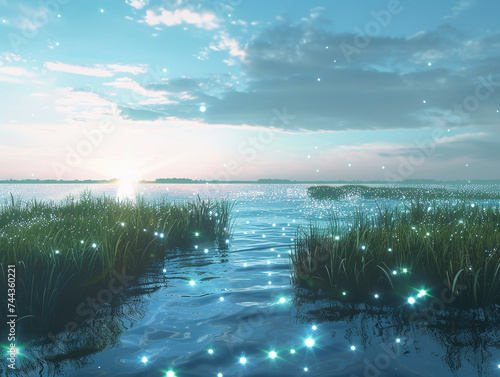 3d render of a serene otherworldly marsh where the water sparkles with bioluminescent life