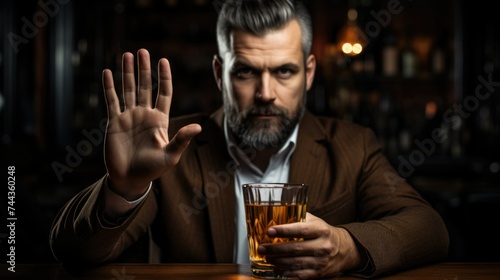 Determined Man with Beard Gesturing Stop Sign While Holding Whiskey Glass photo