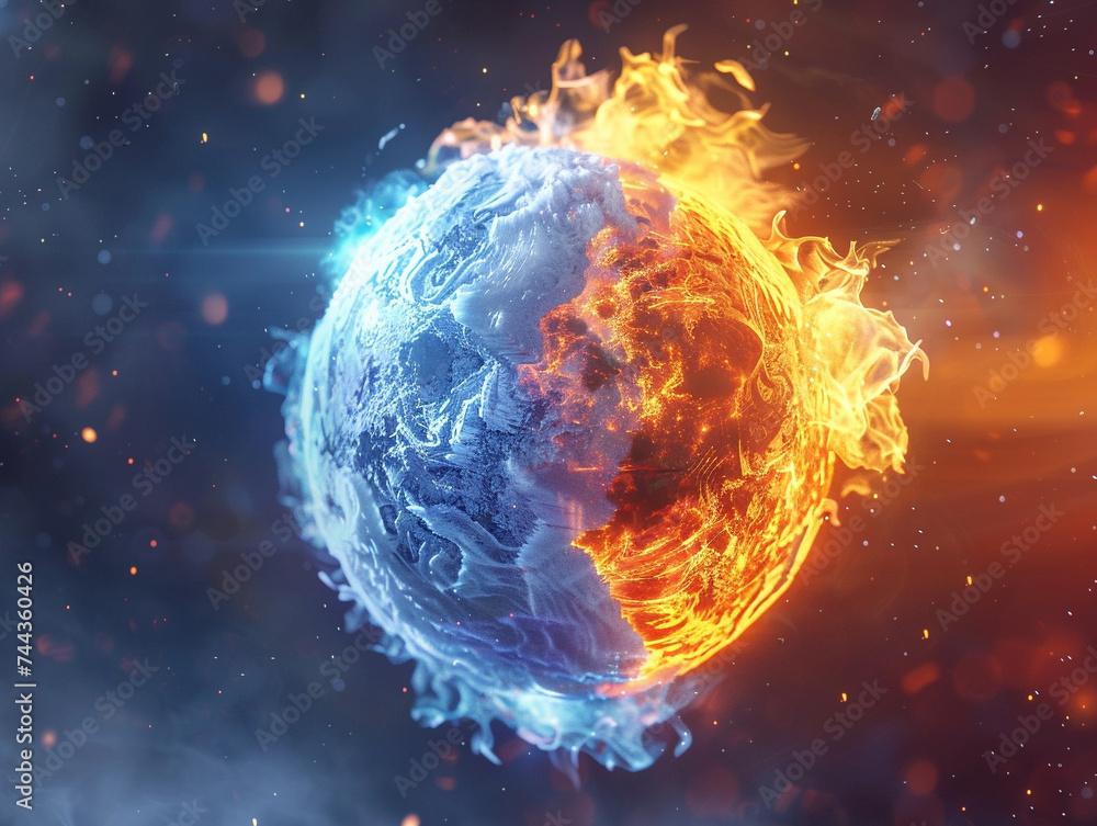 3d render of a sphere suspended in space half ablaze with fire half encased in ice 3d render of a sphere suspended in space half ablaze with fire half encased in ice