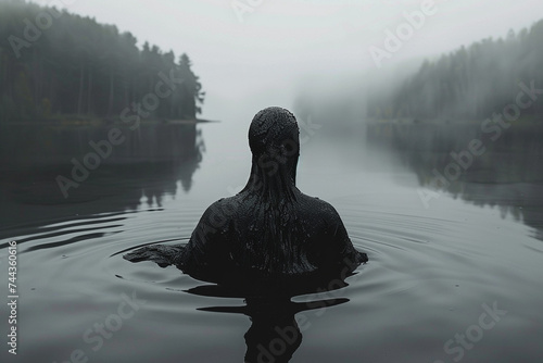 3d render of a tranquil but haunting scene of a dark fluid figure emerging from a still lake