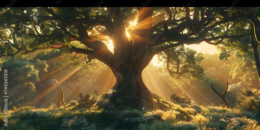 Magic forest the sun's rays pass through the trees, shadows. Big old tree in the center. Beautiful forest fantasy landscape. Unreal world. 3D illustration. Magic forest the sun's rays pass through the trees, shadows. Big old tree in the center. Beautiful forest fantasy landscape. Unreal world. 3D illustration.