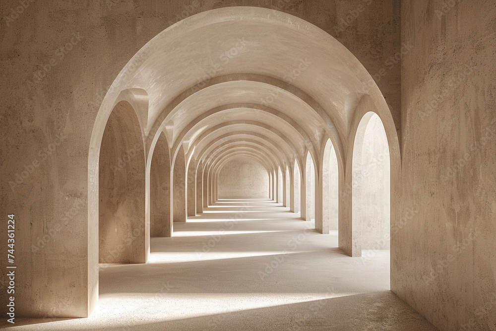 3d render of a tunnel with a series of minimalist arched openings along the sides