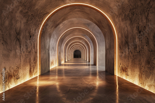 3d render of a tunnel with a series of soft illuminated alcoves