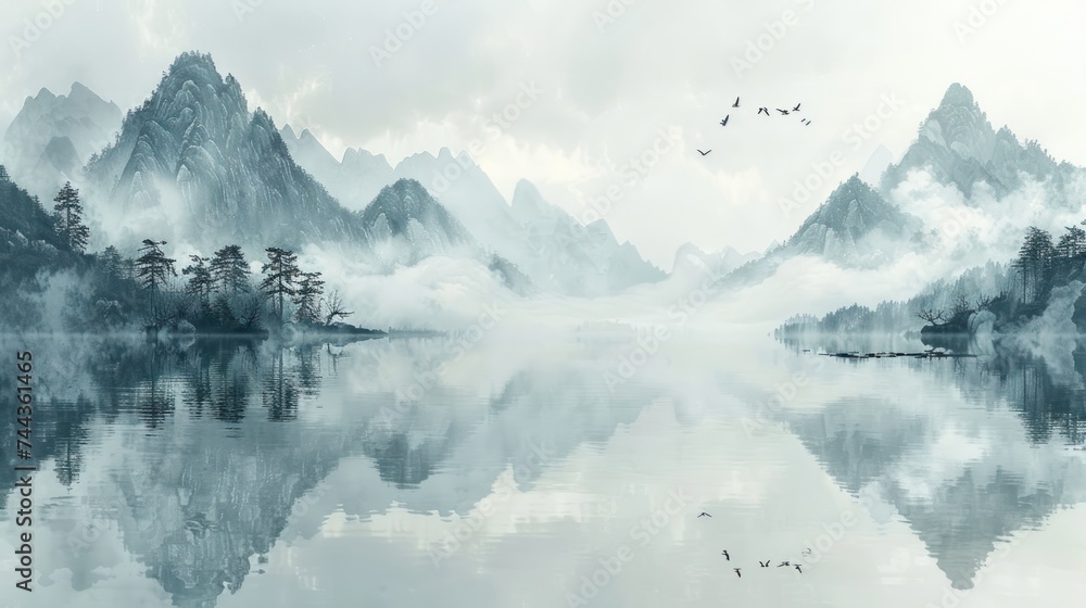 Painting style of chinese landscape, wallpaper vintage chinese landscape drawing of lake with birds trees and fog in black and white design for wallpaper.