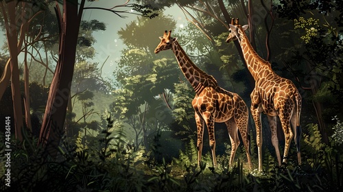 Pair of giraffes in the habitat. wildlife animal  digital art 