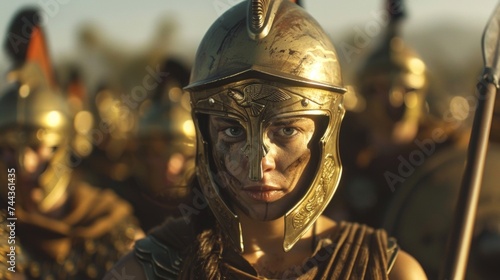 A female hoplite stands tall in the midst of her male counterparts her armor and weapons just as formidable. Her strength and bravery in battle have earned her the respect