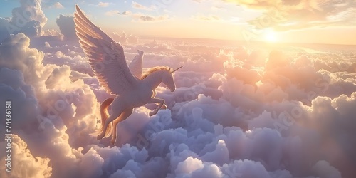 Majestic Pegasus horse flying high above the clouds. Flight of the Pegasus. photo