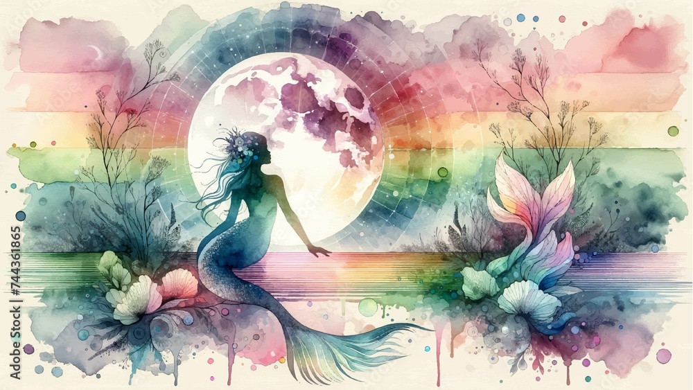 Illustration of mermaid with the moon , children fantasy, Princess , magical, dreamy sea, spectacular landscape, silhouette of mermaid