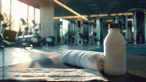 Photography of a protein shake bottle with gym equipment and towels in a fitness center © pprothien