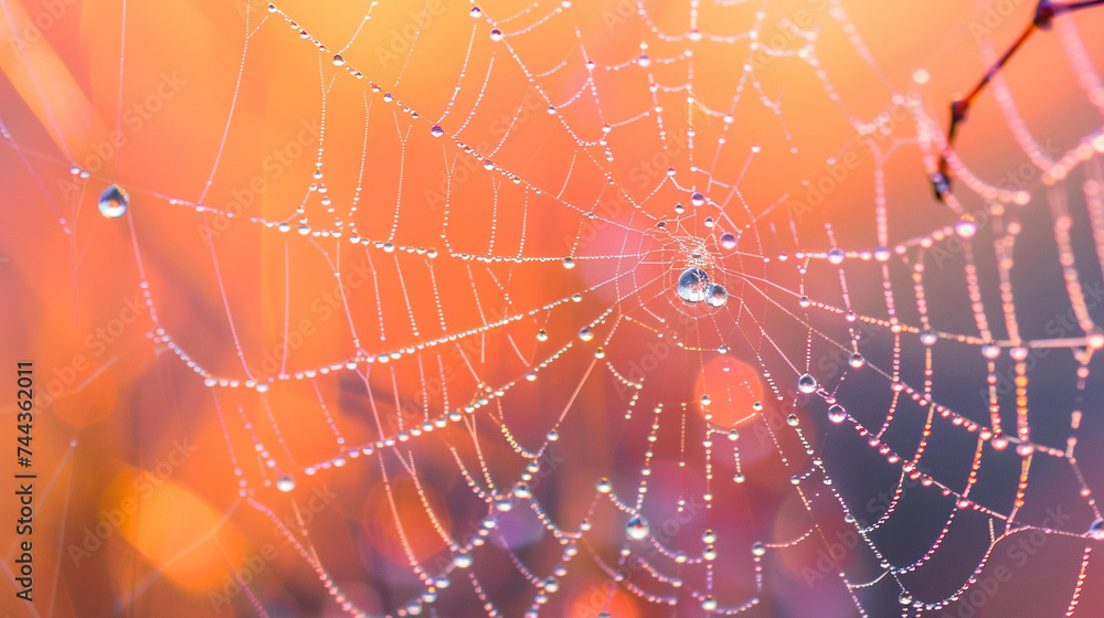 Photography of dewdrops on a spider web against a backdrop of sunrise colors