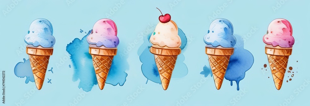 Set colorful ice cream cones pattern isolated on watercolor blue background. Copy space banner with place for text. ice cream. Summer dessert and sweet. Soft serve element. Summer creative concept - obrazy, fototapety, plakaty 