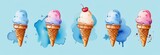 Set colorful ice cream cones pattern isolated on watercolor blue background. Copy space banner with place for text. ice cream. Summer dessert and sweet. Soft serve element. Summer creative concept