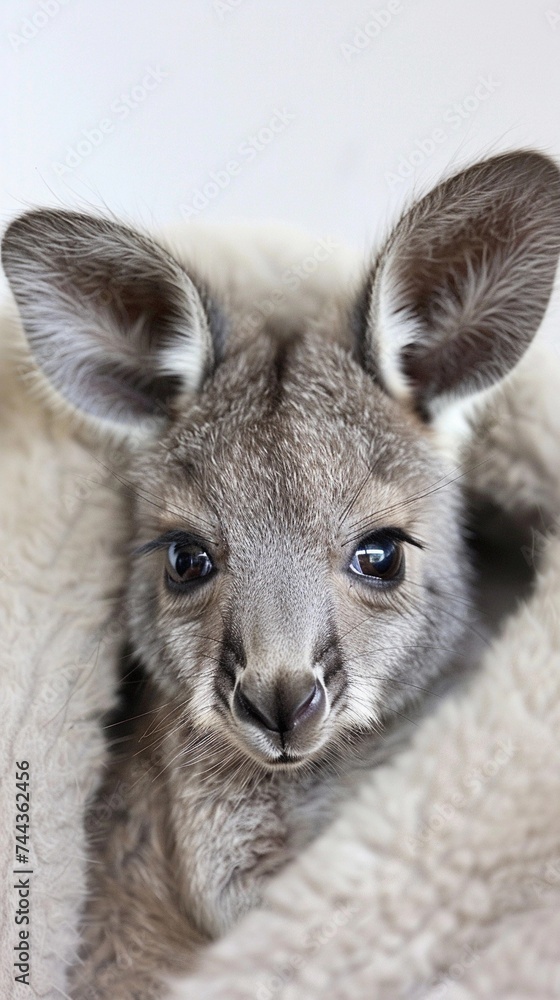 Fototapeta premium A baby kangaroo peeking out of its mother's pouch with curious eyes, background image, generative AI