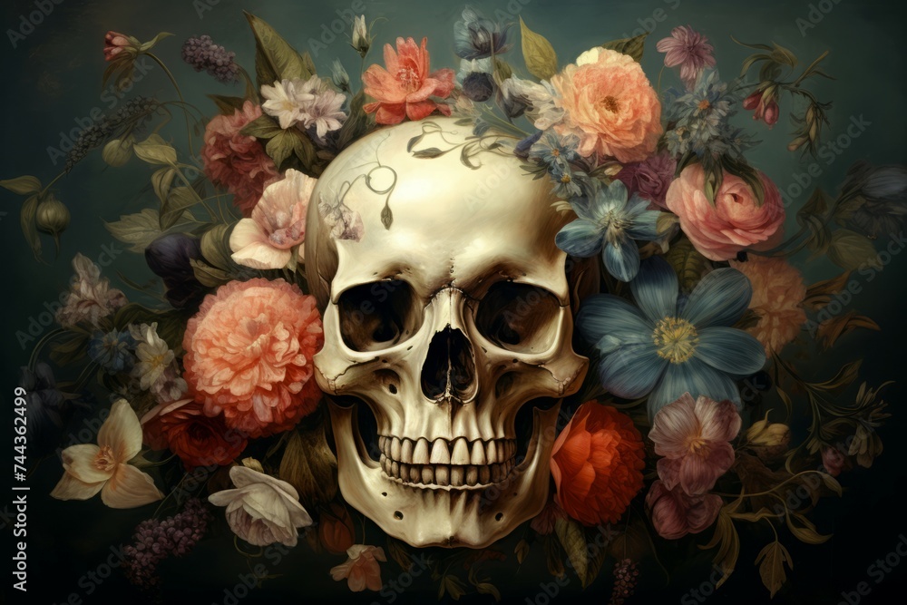 Skull flowers art. Texture object. Generate Ai