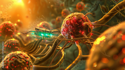 Detailed image of a nanorobot navigating through the maze of vessels targeting the tumor site with precision. photo