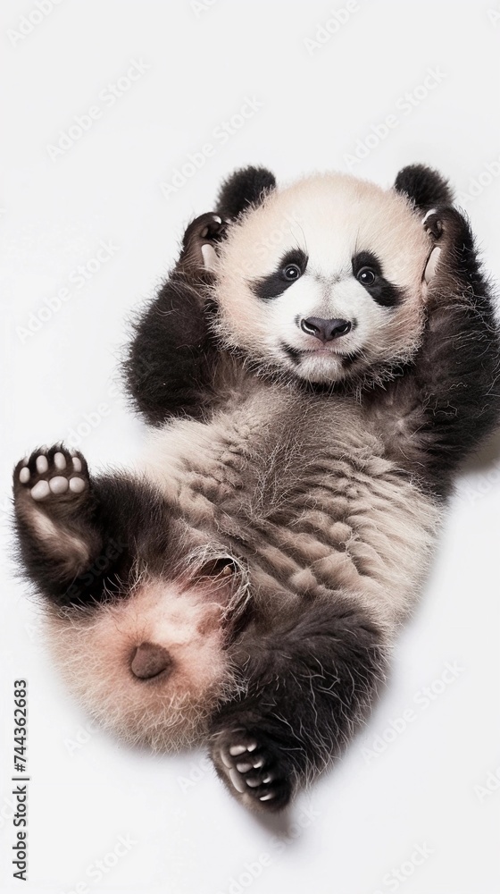 Mischievous Panda Cub, A playful baby panda cub rolling on its back with its paws in the air, background image, generative AI Mischievous Panda Cub, A playful baby panda cub rolling on its back with its paws in the air, background image, generative AI