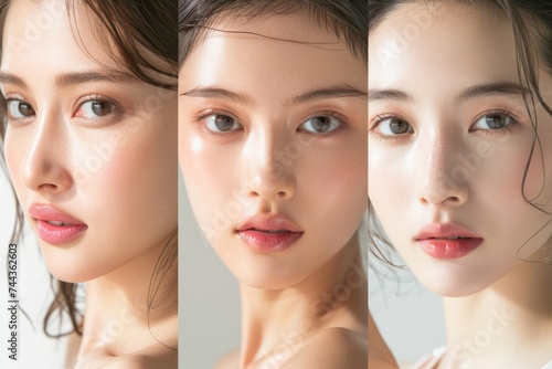 Obraz na płótnie 肌の綺麗な日本人モデルが3人並んでる美容広告風写真（美容整形・プチ整形・美肌）
