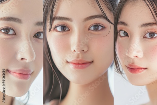 Obraz na płótnie 肌の綺麗な日本人モデルが3人並んでる美容広告風写真（美容整形・プチ整形・美肌）