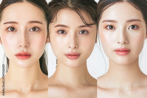 肌の綺麗な日本人モデルが3人並んでる美容広告風写真（美容整形・プチ整形・美肌） photo