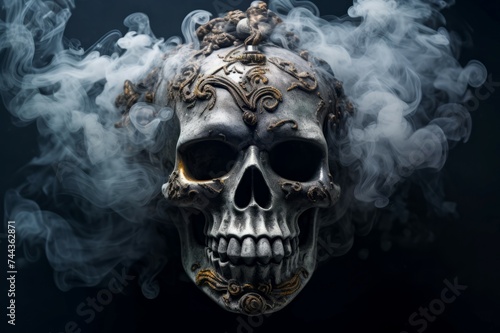 Skull mask smoke. Evil death human. Generate Ai