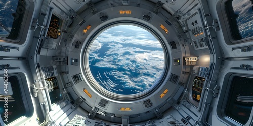 Porthole of the space station. SciFi Spaceship Corridor 3d rendering  shuttle interior. window to the open space view. The Porthole Of the Spacecraft.