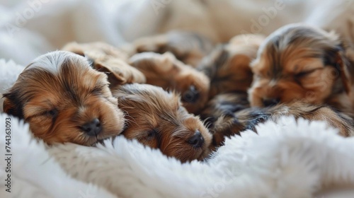 Snuggly Puppies, a litter of newborn puppies cuddled up together on a white blanket, with soft fur and sleepy expressions, background image, generative AI photo
