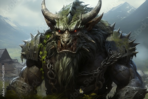 A fictional character with horns and a beard stands before a majestic mountain