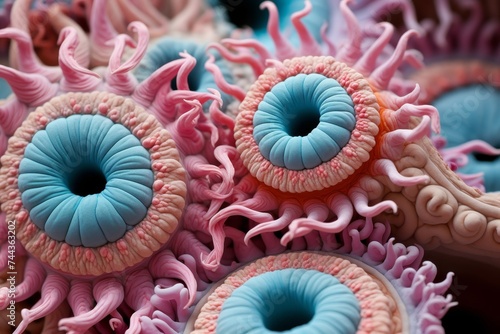 a close up of a coral reef with pink and blue corals