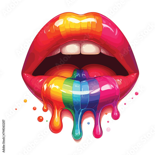 Vector Open woman mouth with rainbow color glossy lips and liquid paint flows 