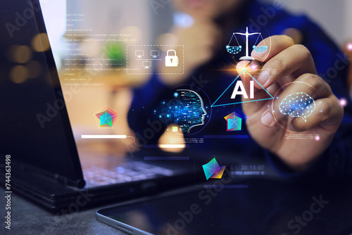 AI ethics and intellectual property concept with business people using artificial intelligence to create work but also paying attention to human creativity and protection of copyright laws