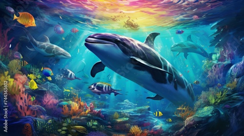 Whale in underwater world. 3D illustration. Elements of this image furnished by NASA #744363602