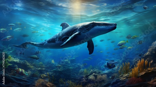Whale in underwater world. 3D illustration. Elements of this image furnished by NASA © Moesy-TM