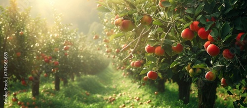 Picturesque field of ripe apples under blue sky on a sunny day surrounded by lush greenery photo