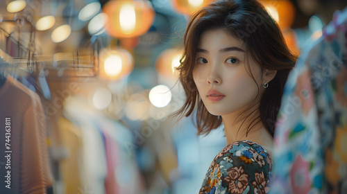Asian beautiful young woman is leaving a store with her purchases in a shopping district. The woman wearing casual clothes. The purchases clothes, or they other items. by the lights of the city.