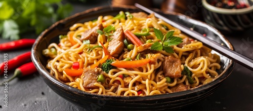 Delicious bowl of noodles with savory meat and fresh vegetables  perfect for a balanced meal