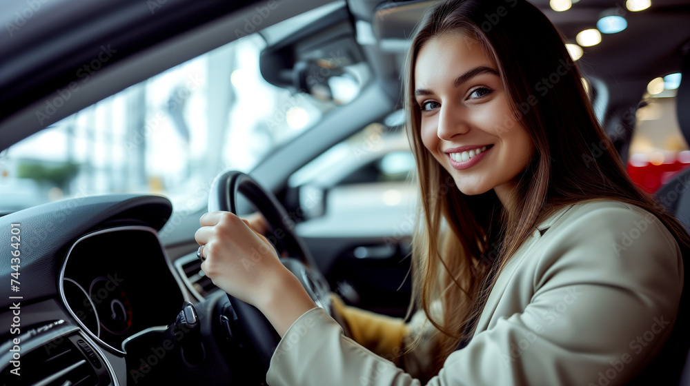 A happy woman inspects a car at a car dealership before purchasing.