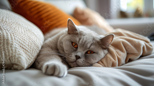 A contented British Shorthair cat nestled among plush pillows, epitomizing the lap of luxury.
