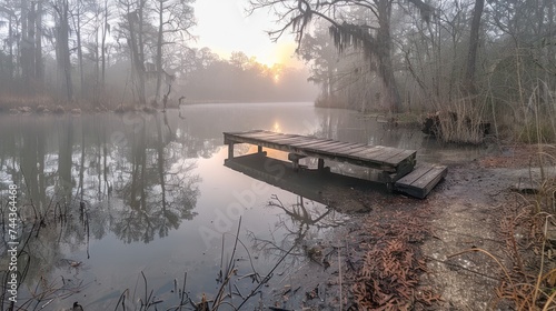 View of landscape bayou at sunrise in fog Morning mist on the swamp creates painterly atmosphere. photo