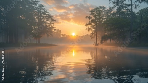 View of landscape bayou at sunrise in fog Morning mist on the swamp creates painterly atmosphere.