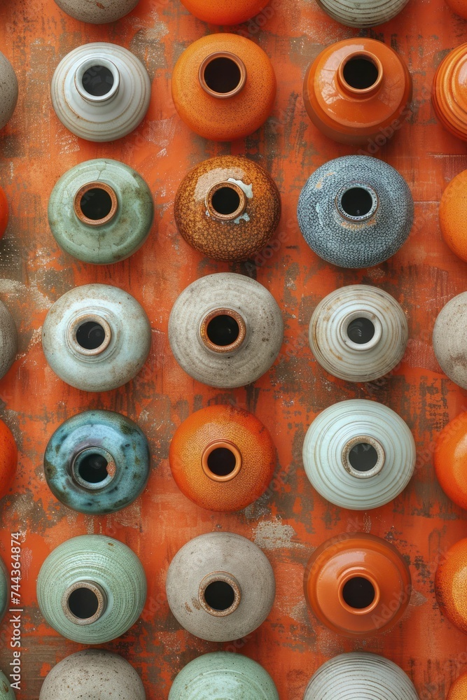 Fototapeta premium Ceramic pottery collection on a rustic orange symmetrical seamless paper backdrop, accentuating texture with a warm, clear focus.