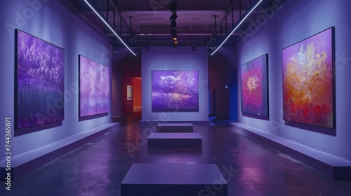 Fine art painting gallery against a muted lavender LED light panel backdrop, accentuating artistic detail with a soft, illuminated background.