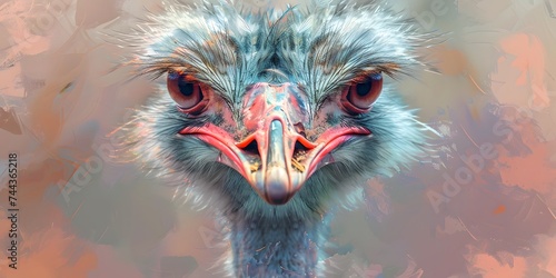 Ostrich bird head and neck front portrait in the park, animal wildlife, digital ai art
