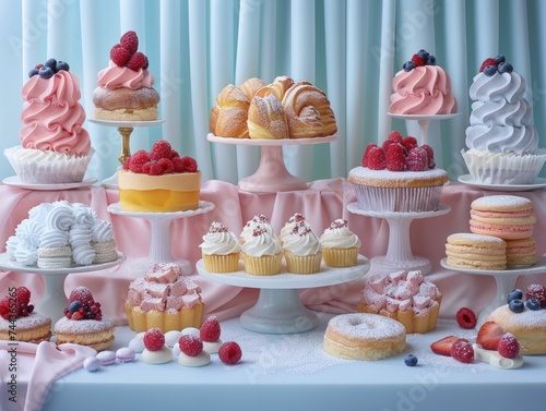 Enhanced culinary presentation with serene focus on a pastel blue backdrop elevates the gourmet pastry setup.