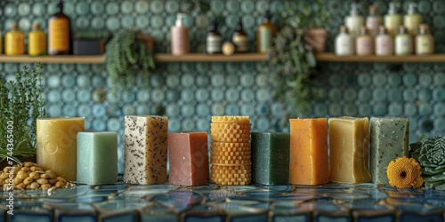 Handmade soap collection on soft teal symmetrical vinyl backdrop showcases natural beauty products with a fresh, clear appearance.