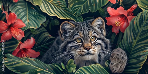 Portrait of of beautiful cat  Pallas s cat  in tropical flowers and leaves. Picturesque portrait Wildlife animal. Digital illustration
