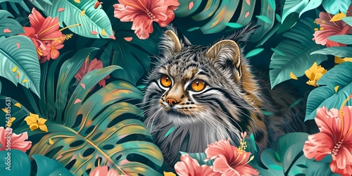 Portrait of of beautiful cat, Pallas's cat, in tropical flowers and leaves. Picturesque portrait Wildlife animal. Digital illustration