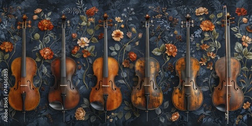 Musical instruments showcased against an indigo symmetrical seamless paper backdrop, adding rich drama and focus. photo