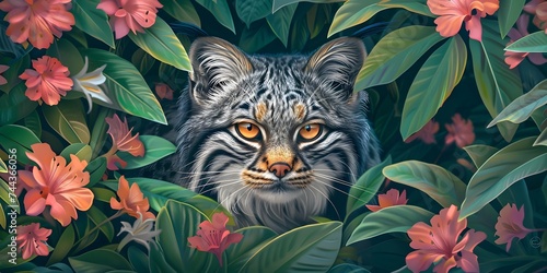 Portrait of of beautiful cat, Pallas's cat, in tropical flowers and leaves. Picturesque portrait Wildlife animal. Digital illustration